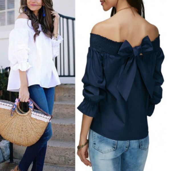 

мода белой элегантных женщин блуза рубашка втулка bow рассечение шея плечо tops casual свободного blusas женского летний s-xl, White