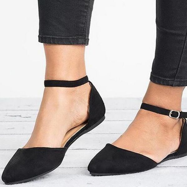 

flat shoes pointed toe casual ankle strap buckle comfortable ballet plus size shoes women shallow flat leather, Black