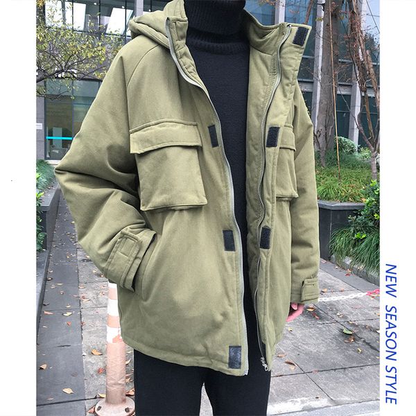 

winter new coat men's warm thick fashion parka men solid color casual pocket hooded coat man wild loose cotton jacket men, Black