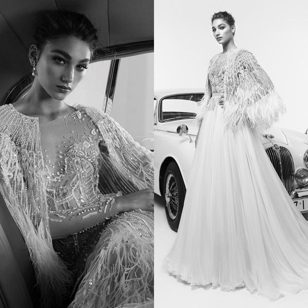 Luxus Feder Perlen Braut Wraps 2020 Zuhair Murad Spitze Pailletten Jacke Für Brautkleider Bolero Schal Capes Nach Maß