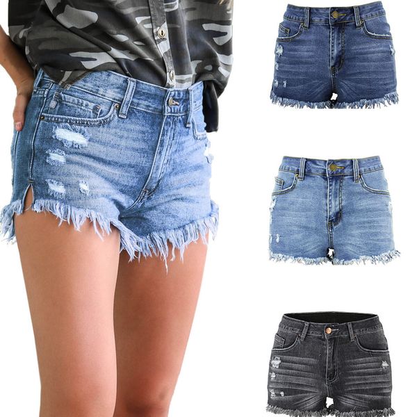 

women summer pants 2019 new fashion casual jeans mid rise shorts frayed raw hem ripped denim jean shorts y820, Blue