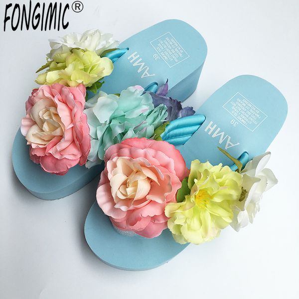 

summer slippers bohemia flowers women beach flip flops summer slides slippers platform shoes woman hit color indoor, Black