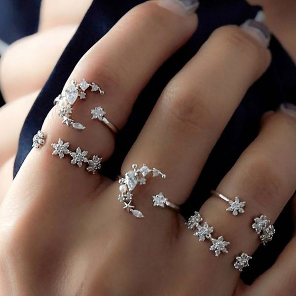 

5 set ring vintage star moon crystal rings stackable for women, Golden;silver