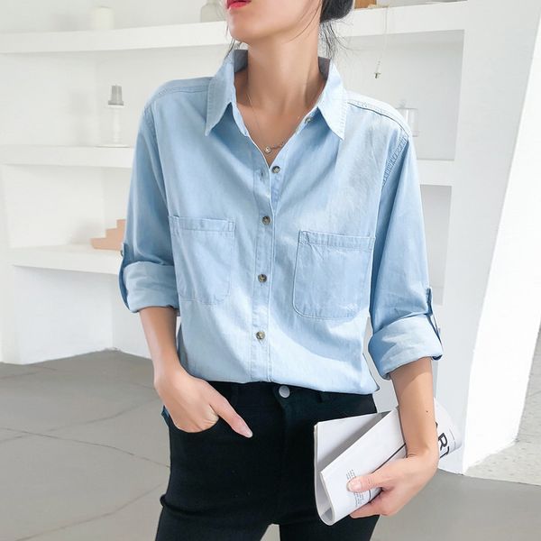 

feitong fashion women and blouses shirt long sleeve shirt denim casual loose blouse button streetwear, White