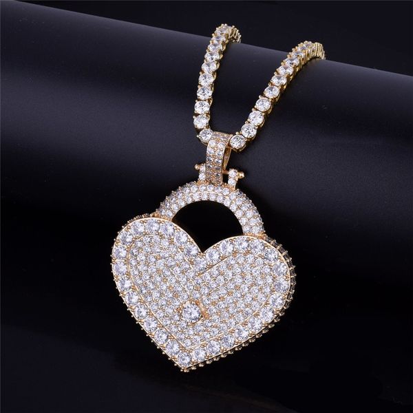 

europe and america fashion yellow white gold plated full cz heart lock pendant necklace for men women gift, Silver