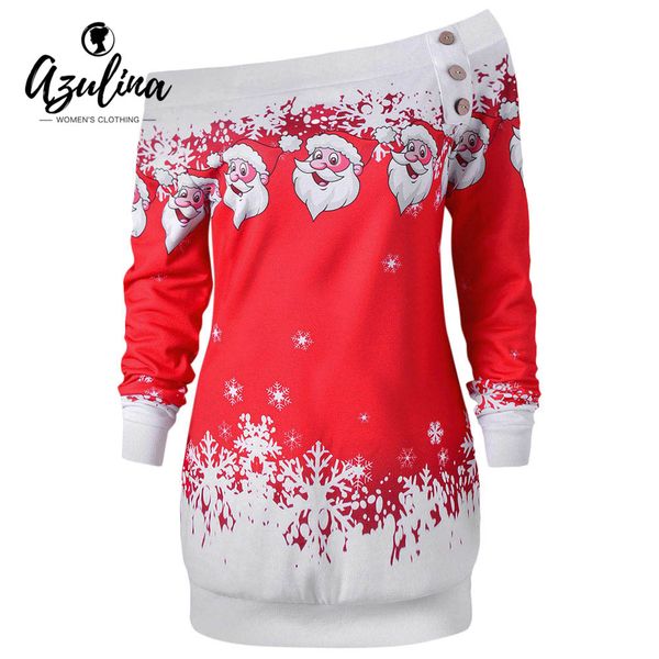

azulina causal t-shirts santa claus snowflake skew neck pullover christmas t shirt jumper outerwear autumn women button, White