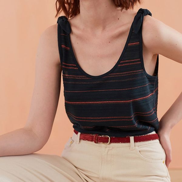 

women vest 2019 spring and summer blackish green shoulder bowknot striped vest, White
