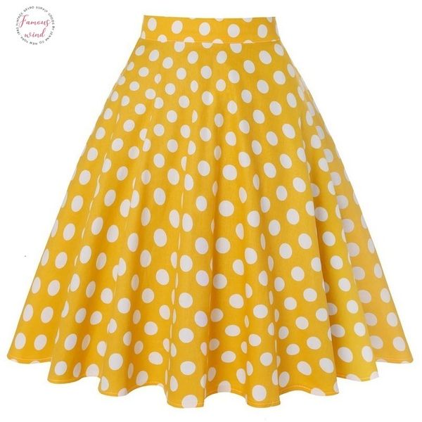 

2020 vintage spandex short women yellow skirt polka dot skirts womens ladies new cotton high waist swing summer skirt, Black