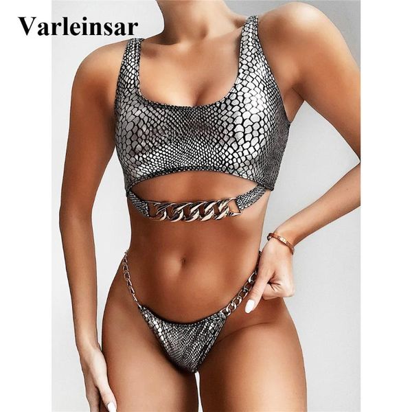 

women's swimwear snake printed 2021 bikini female swimsuit women two-piece set with chain bather bathing suit swim v1895, White;black