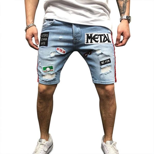 

yfashion men jeans shorts fashion summer embroidery patch distressed denim shorts mens clothes fashion streetwear, Blue
