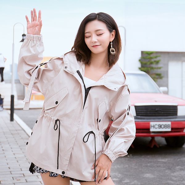 

new 2018 spring women trench coat hooded small child day short bfp students coats khaki white 1004, Tan;black