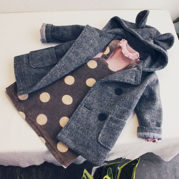 

new 2019 fashion children clothing girl cartoon ears hooded button quilted thickening winter outfit cotton thickening warm coats, White