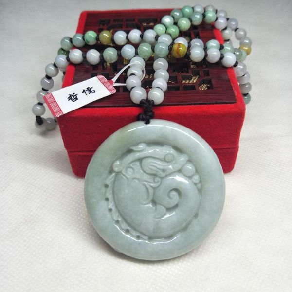 

zheru jewelry pure natural jadeite light green dragon pendant tricolor jadeite bead necklace a class a national certificate, Silver