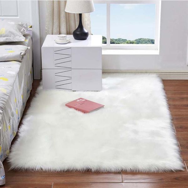 

luxury rectangle square soft artificial wool sheepskin fluffy area rug white fur carpet shaggy long hair solid mat home decor