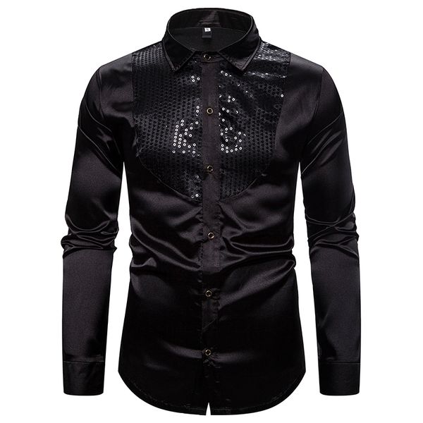 2020 Mens Shiny Gold Sequin Black Silk Dress Shirts Long Sleeve Shiny