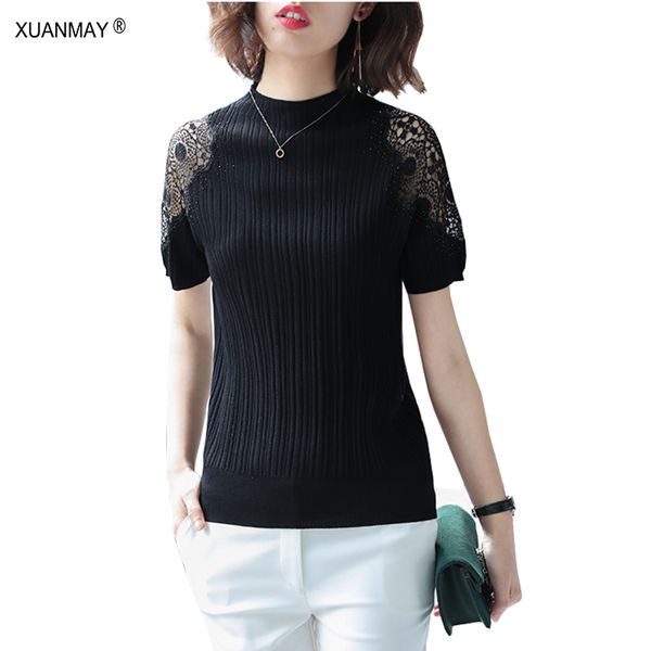 

summer women's lace short sleeve thin sweater 2019 new slim office summer knit big stretch black thin sweater women, White;black