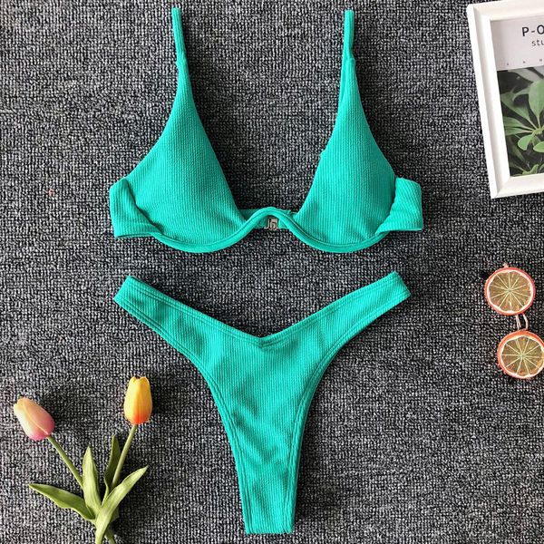 

neon v-bar underwired bikini 2019 female ribbed swimsuit women thong swimwear two-pieces bikini set push up bathing suit