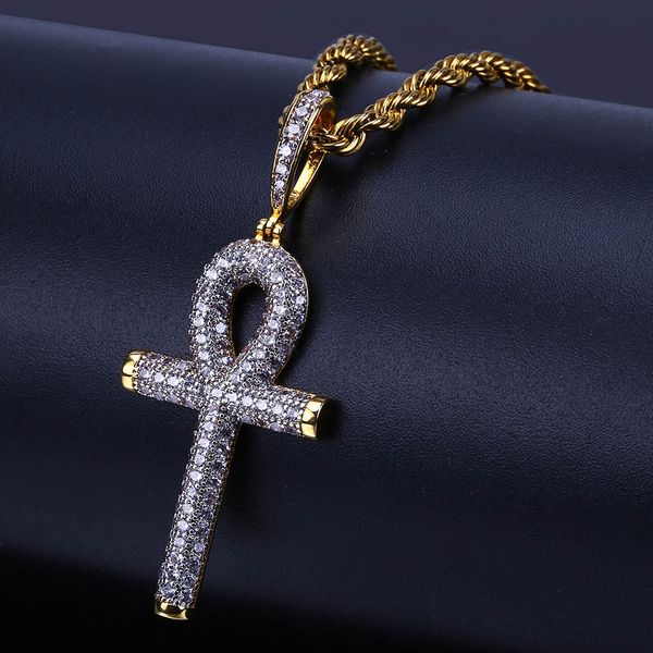 

Хип-хоп рок ожерелье золотой цвет все замороженные из микро проложить CZ камень Анкх крест кулон ожерелья с 60 см веревки цепи