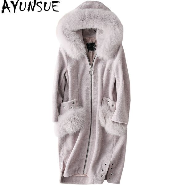 

ayunsue winter real шуба женщины длинные sheep shearling шинель с подлинной воротник меха с капюшоном натуральной шерсти куртки 17075, Black