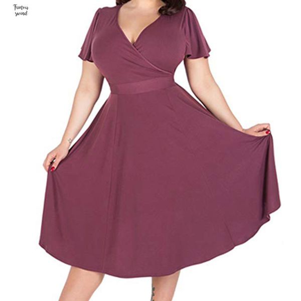 

2019 new summer women dress plus size waistband short sleeve v neck elegant with solid party sundress 9031926, Black;gray