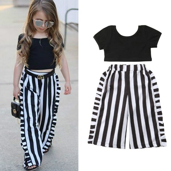 

1-6y summer kid baby girl clothes set 2pcs short sleeve black crop +striped wide leg pant toddler children baby girl clothing, White