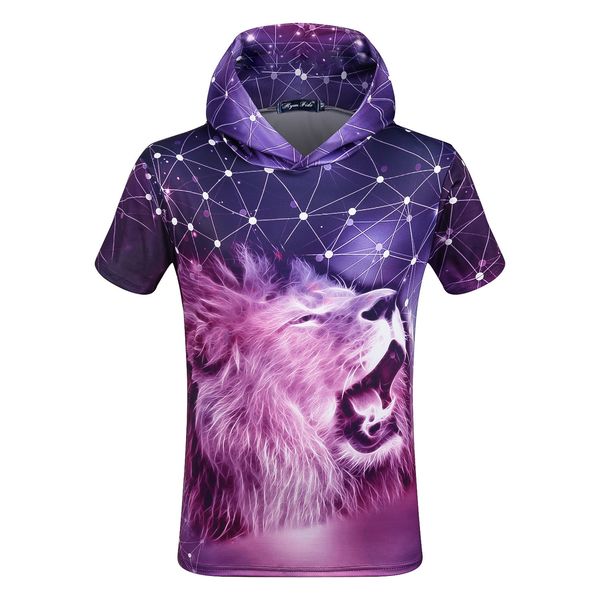 

mens designer us station 3d hooded short sleeve starry lion animal couple hoodie t-shirt, White;black