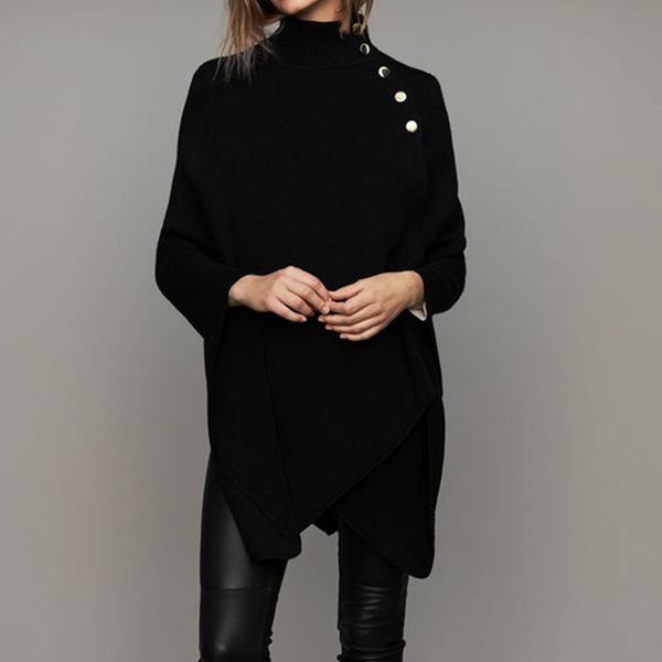 

new women's black sweater spring autumn fashion office ladies shoulder button cloak coat pullover women high neck warm clothing, White;black