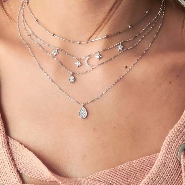 

new necklace jewelry simple point drill stars moon clavicle chain fashion inlay rhinestone drop pendant necklace 4 layers set, Silver