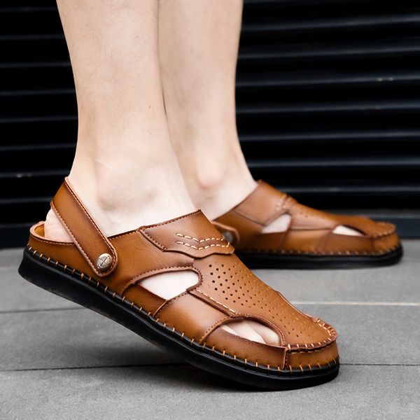 

men shoes summer handmade sewing genuine leather hollow out sandals outdoor beach classic casual shoes anti-slip sneakers, Black