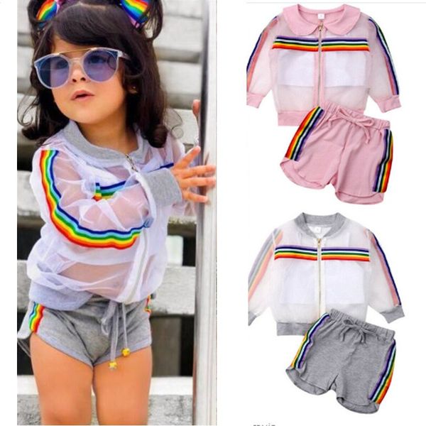 

summer kids girls вс пальто шорты одежда установить радуга полосатый молния куртка + жилет + шорты костюм-тройка детей эпикировка e22504, White