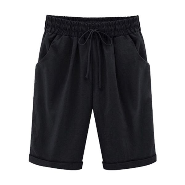 

summer women elastic waist shorts drawstring casual knee-length loose short pants thin outdoor wearing cotton plus size solid, White;black