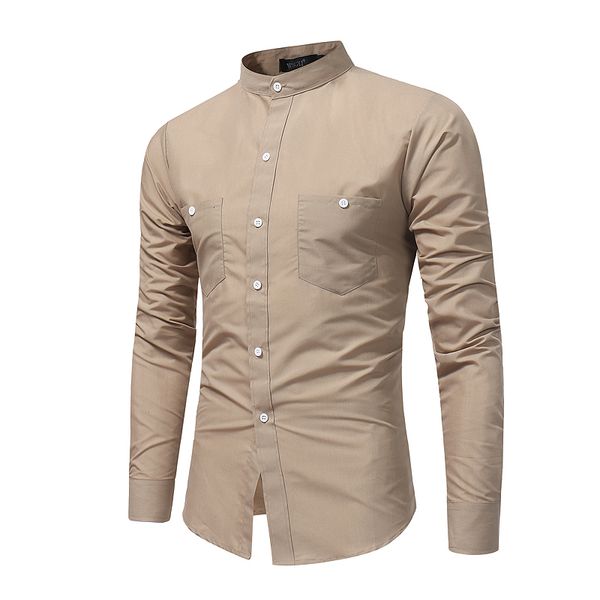 

brand 2019 fashion male shirt long-sleeves stand collar young solid color shirt mens dress shirts slim men xxxl, White;black