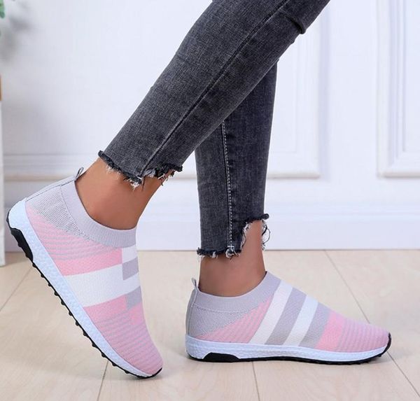 

wenyujh women's casual vulcanized shoes striped woman sock sneakers 2020 knitted flat shoes ladies slip on female loafers summer, Black