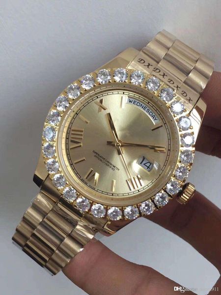 

men sapphire luxury 44mm mechanical watch diamond double calendar stainless steel waterproof mechanical watch factory sell 15 colors, Slivery;brown