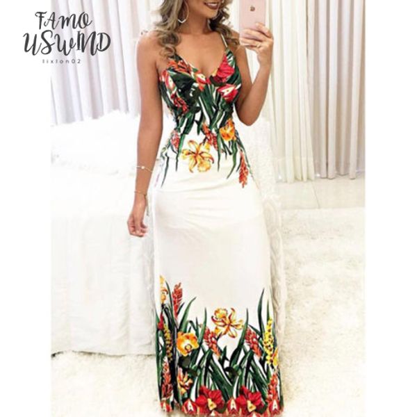 

v neck women summer floral sleeveless strap v neck boho dress casual long maxi evening party beach dress sundress, Black;gray