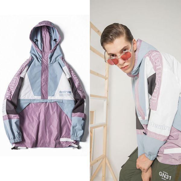 

fashion men patchwork windbreaker jacket dye blue pink block letter printed hood hip trench raglan sleeve boomer, Black;brown