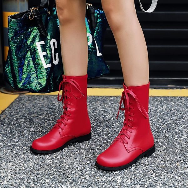 

big size 11 12 13 14 15 16 17 18 19 lady's round flat lace-up mid-leg boots fashion casual with fleece warm boots, Black