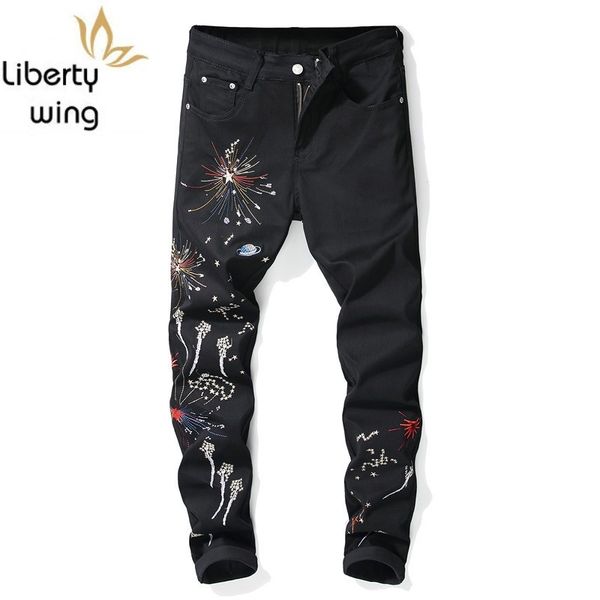 

new brand mens slim denim fashion embroidery printing jeans trousers male black casual elastic pencil pants plus size, Blue