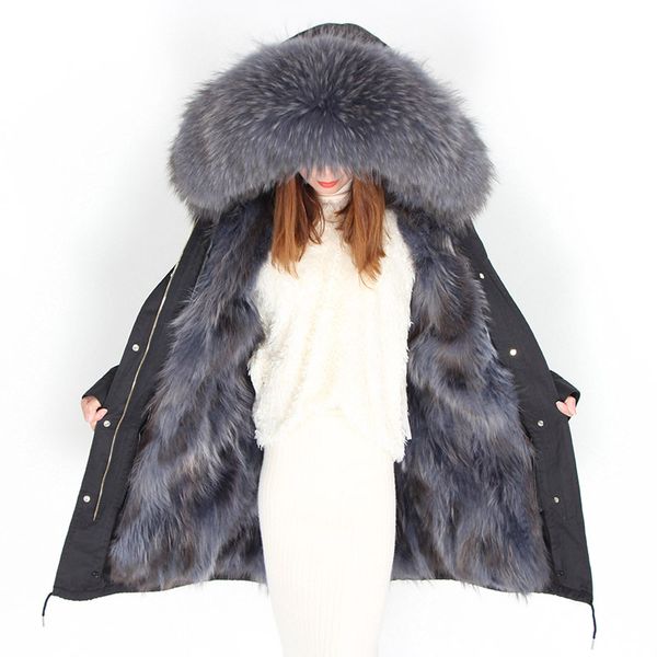

2019new demountable fox fur inner dark party overcoming winter with super-large fur collar mid-and long-style overcoat real fur coat, Black