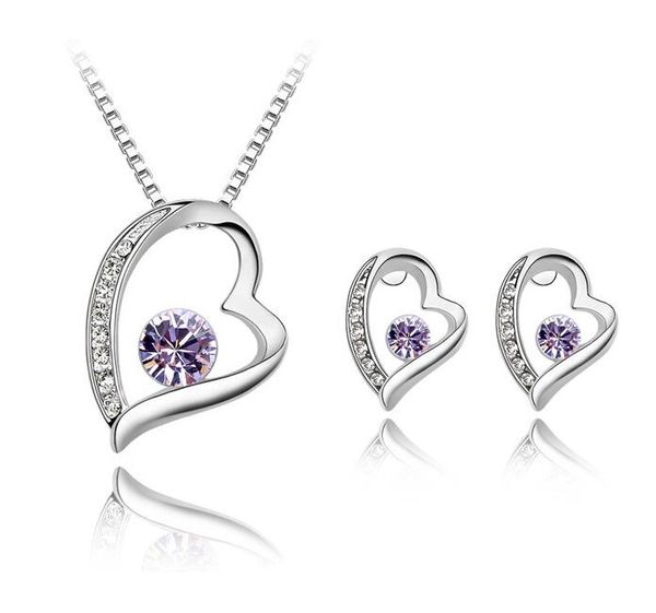 

classic crystal heart-shaped necklace earring sets for women fine jewelry gift party dress accessories, Silver