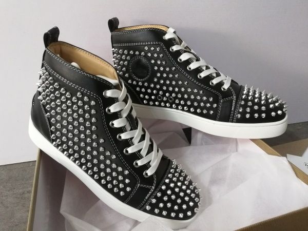 

Mens Red Bottom Spikes High-top Sneakers Designer Shoes Women Junior Spikes Trainers Silver Black Studs Wedding Shoes with Box US12.5