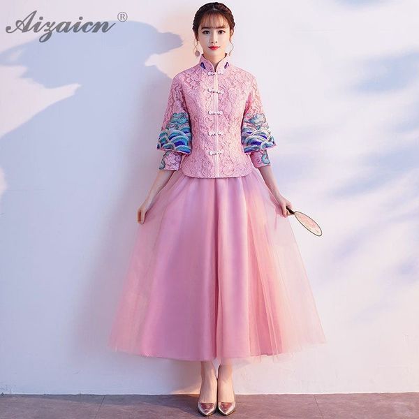 

oriental style lace bridesmaid vintage gown qi pao women traditional chinese dress cheongsam modern robe orientale pink dresses, Red