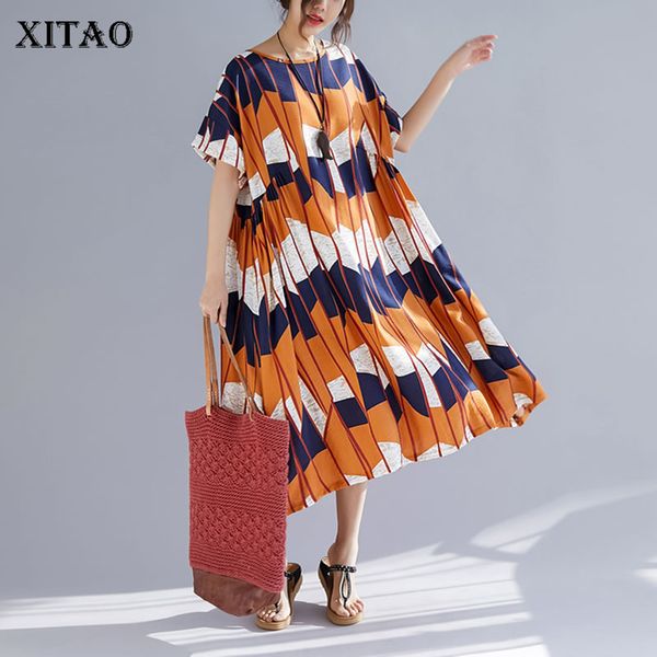 

xitao] 2019 spring summer korea fashion new women o-neck short sleeve casual dress female geometric mid-calf dress dll2330, Black;gray