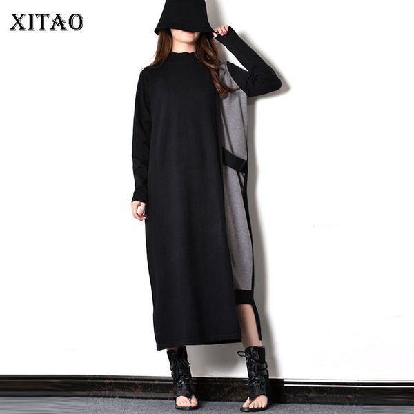 

xitao patchwork irregular split casual dress women 2019 winter fashion personality new style stand collar straight dress wld2546, Black;gray