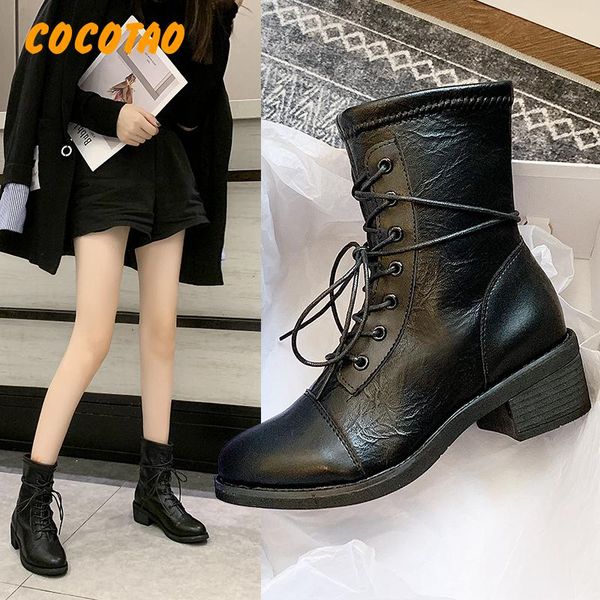 

2019 autumn and winter new handsome boots female british fan car boots cross lace up thick with ins fashion wild, Black