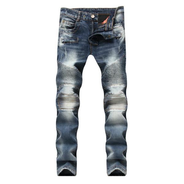 

2018 men's fashion jeans in autumn and winter straight tube folding hold mid leisure zipper decoration, Blue