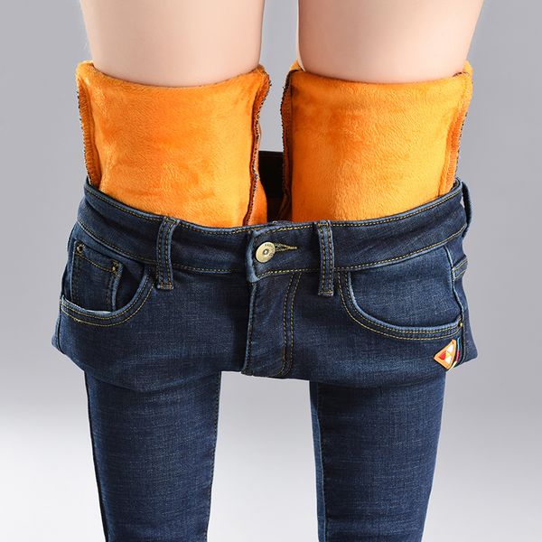 

women jeans winter denim trousers 2019 high waist thickening warm pencil pants female skinny fleece jeans pants streetpant p9172, Blue