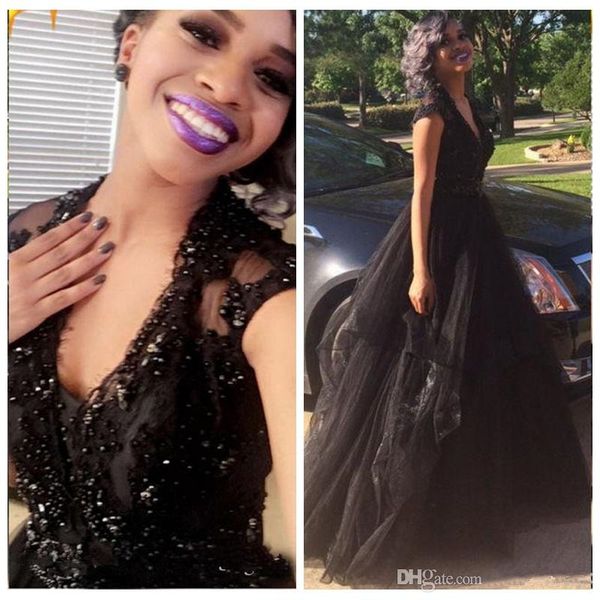 

african long prom dresses 2020 v neck cap sleeves lace beading tulle skirt black girls formal evening party gowns robes de soiree, Black;red