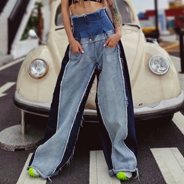

thailand fashion brand 2020 new jeans women's high waist loose thin color matching pants wide leg pants flared, Blue