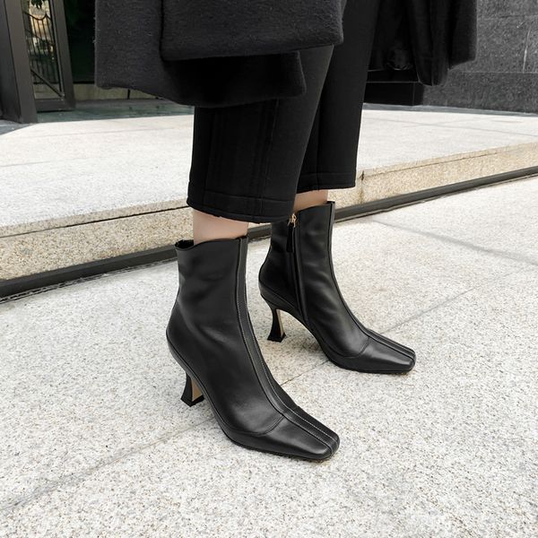 

women's real leather thin high heel autumn ankle boots brand designer square toe female elegant short booties shoes, Black